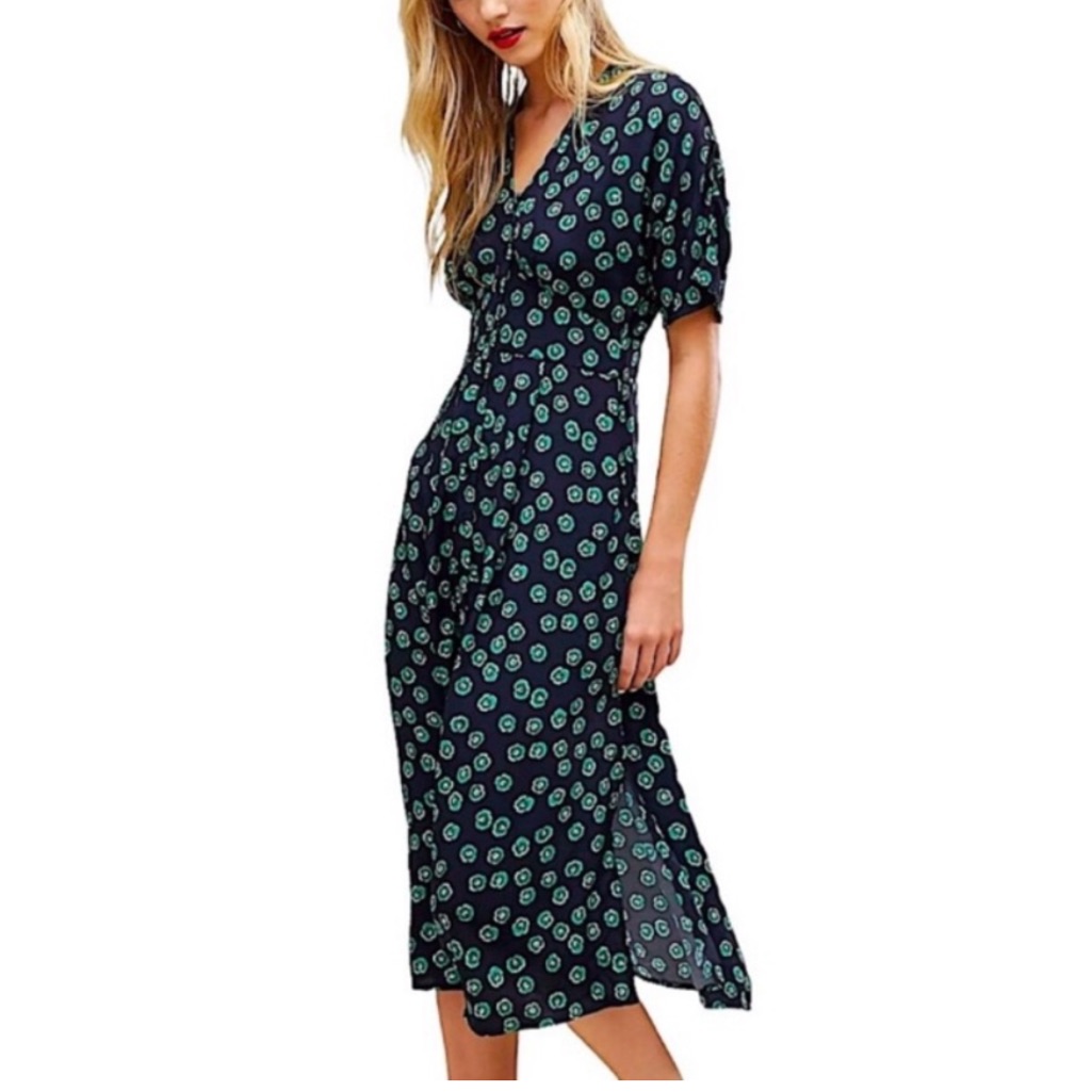 Whistles Green Blue Floral Patterned Button Front Dress Size 10
